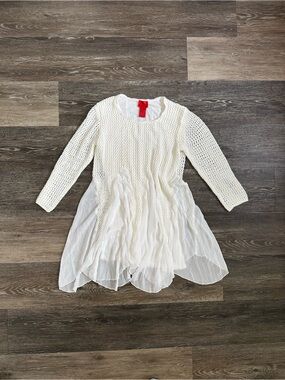 Cristina White Crochet Mesh Knit Mixed Media Flowy Tunic Blouse Top Medium Boho